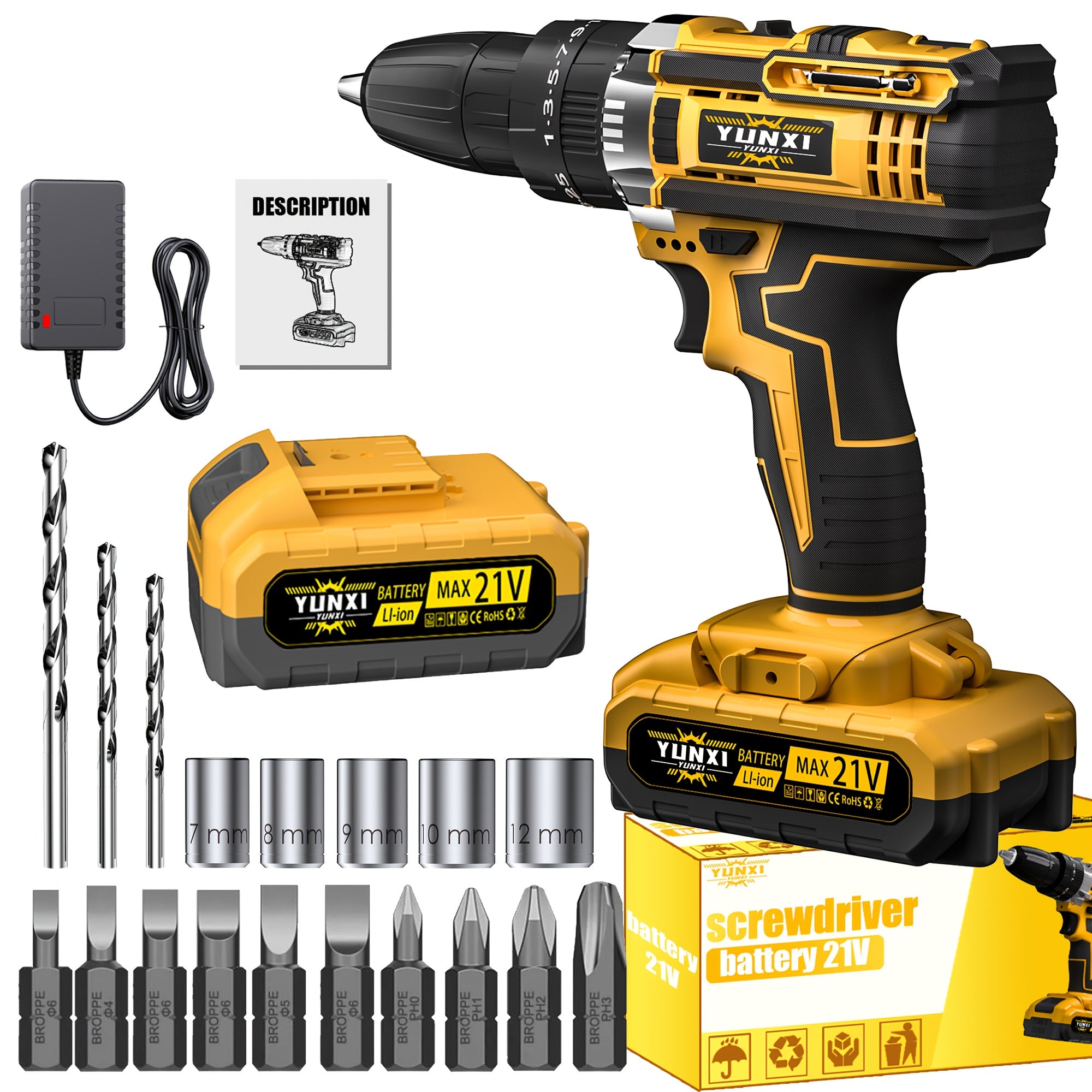 21V Cordless Impact Wrench Wireless Drill Kit, Brushless Electric Impact Gun Drill, Impact Wrench Drill, Equipped With 4000mAh Battery, Toolbox, Charger, Socket And Complete Accessories. Suitable...