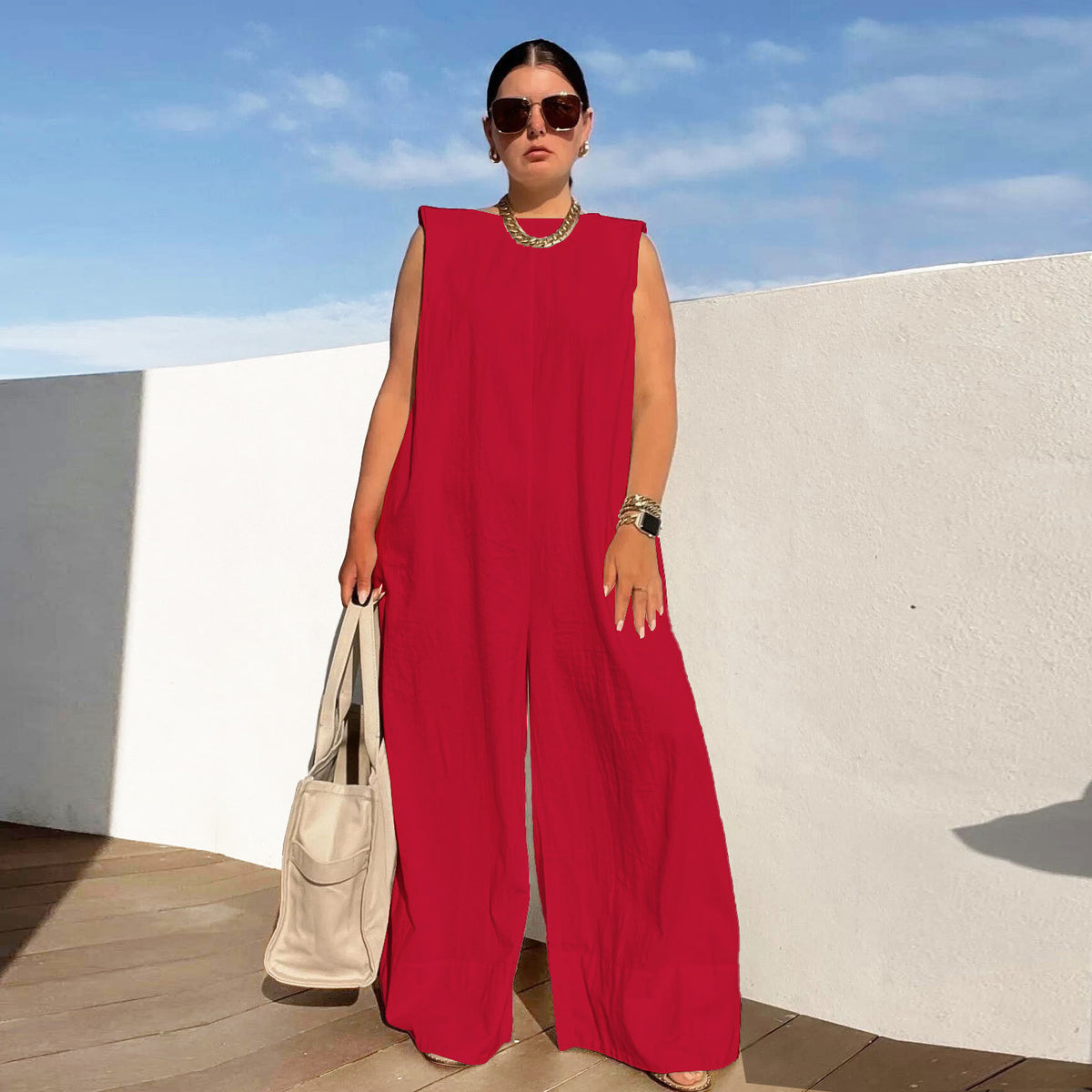 Chic Solid Color Wide Leg Casual Jumpsuit for Women