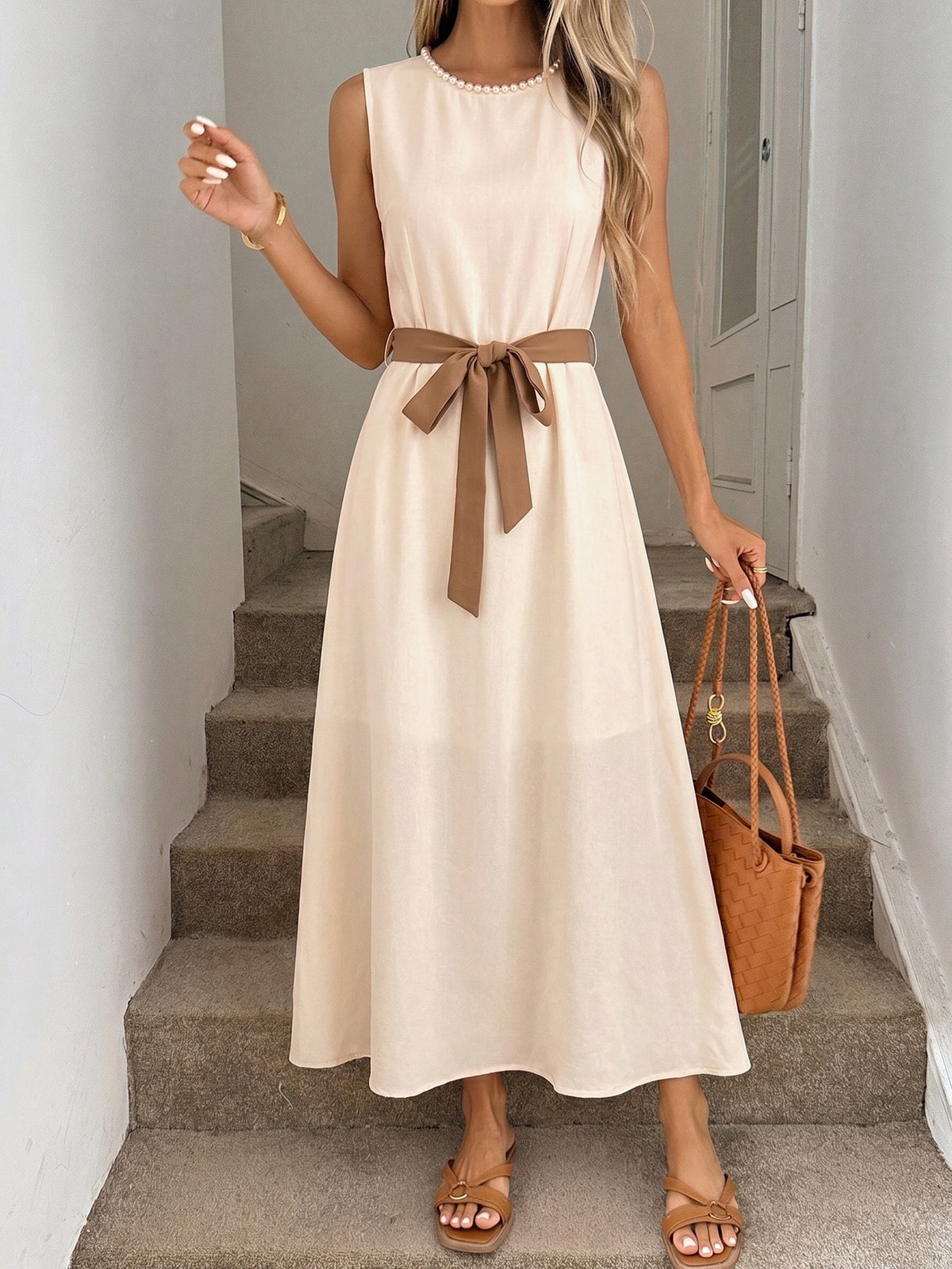 Pearl Neck Sleeveless Self-tie Belt A-line Midi Dress