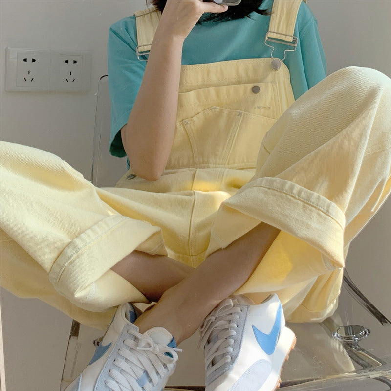 Japanese Style Yellow Denim Suspender Pants for Women
