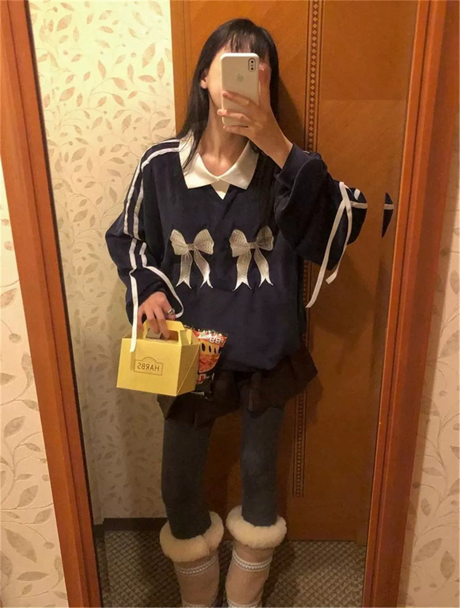 Retro Bow Embroidered Striped Contrast Knit Sweater