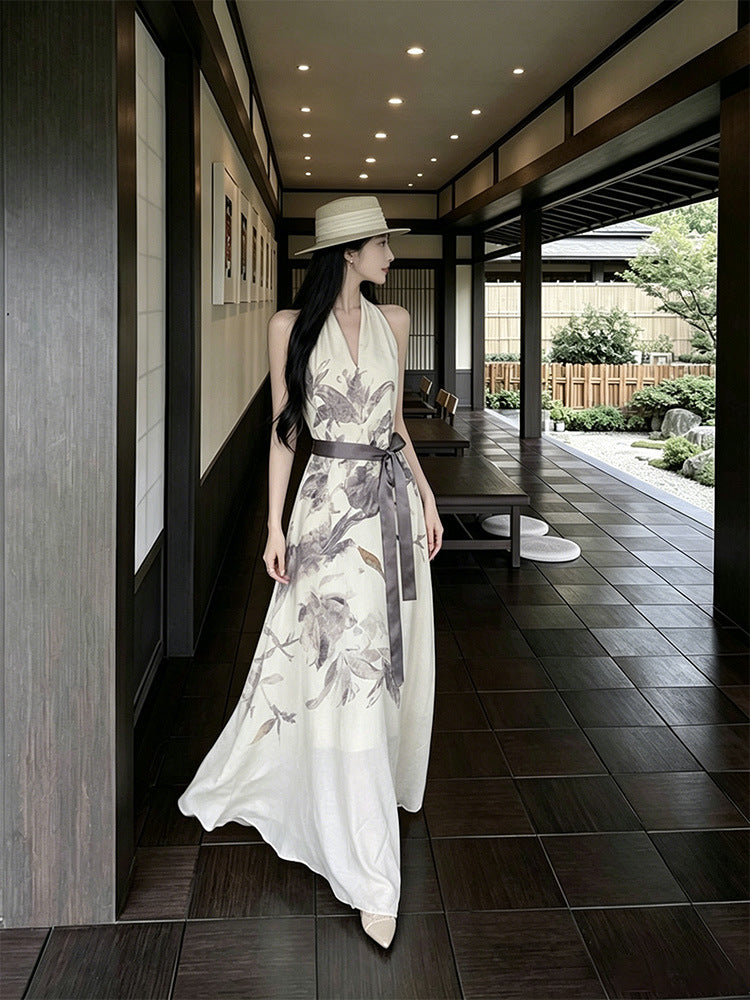 Elegant V-Neck Halter Sleeveless Geometric Maxi Dress