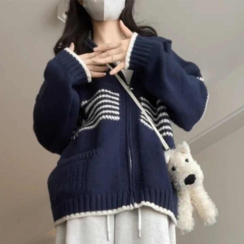 Hong Kong Style Chic Hooded Knit Cardigan Sweater Coat