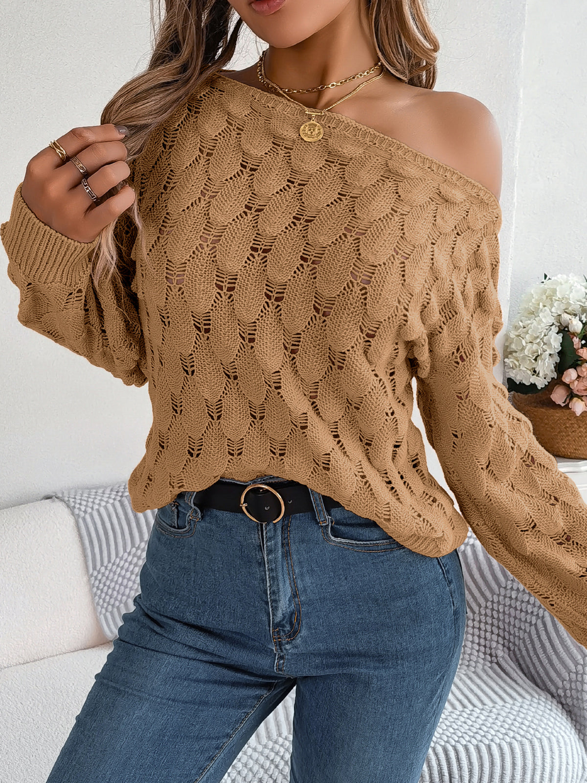 Women Casual Feather Hollow Out Off-shoulder Lantern Sleeve Sweater
