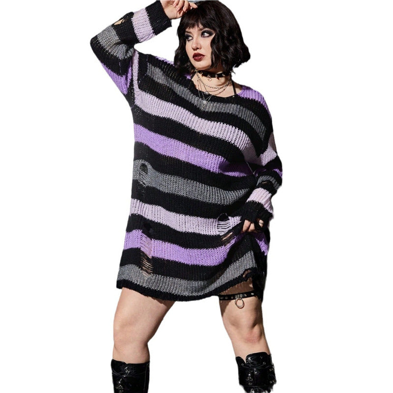 Mid-length Gothic-style European and American Ripped Striped Sweater for Women
