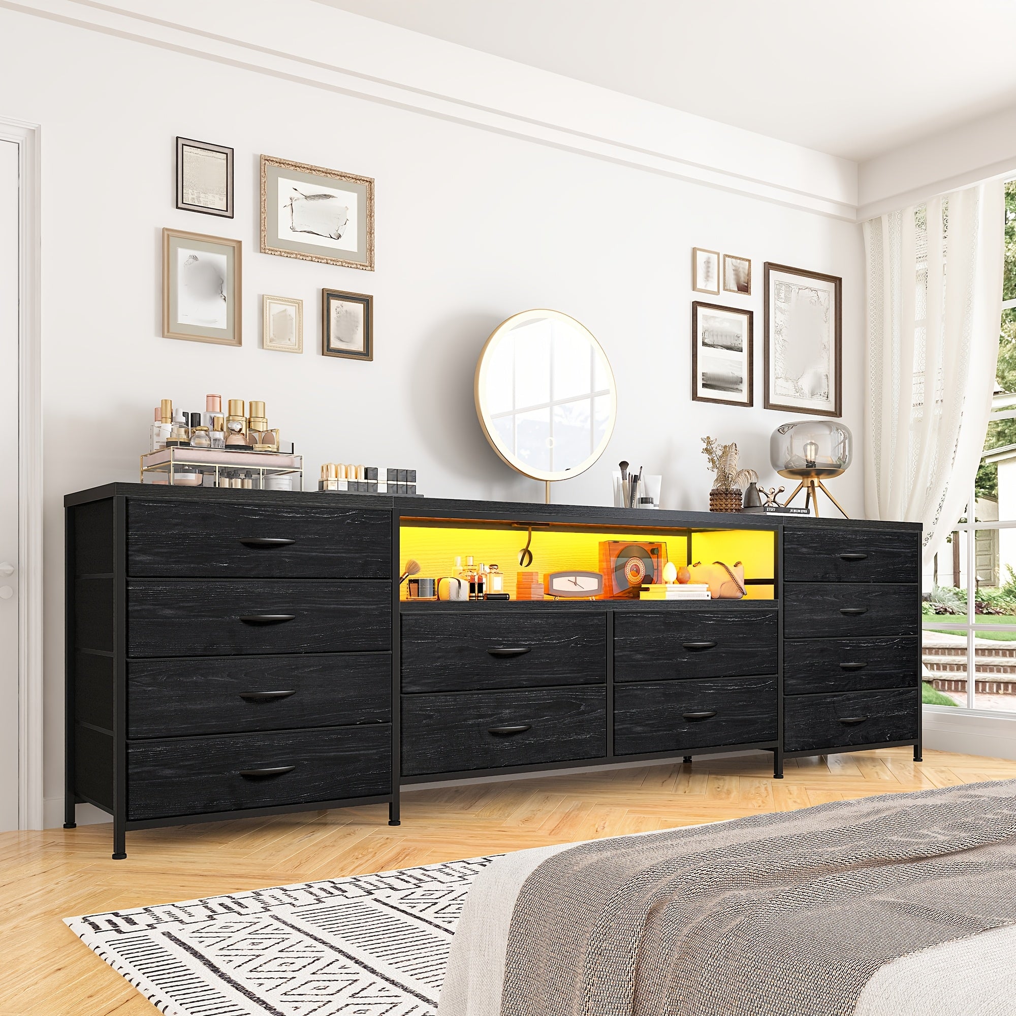 63" Long Dresser with 12 Fabric Drawers, LED Lights and Power Outlets