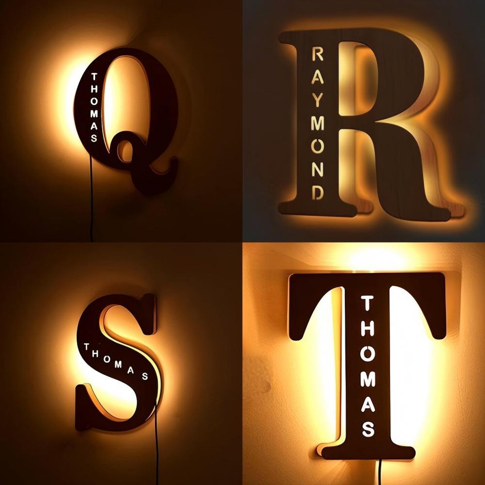 [Personalized Night Light] Customized 26 Letters Wooden Night Light | Personalized Carved Name Letter Lamp, USB Powered LED Light, Bedroom, Wedding, Birthday Wall Decoration, Best Gift for Easter…
