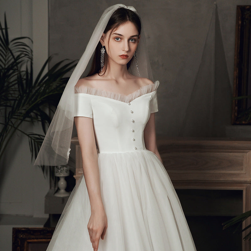 Off-the-Shoulder Tulle Puff Midi Wedding Dress