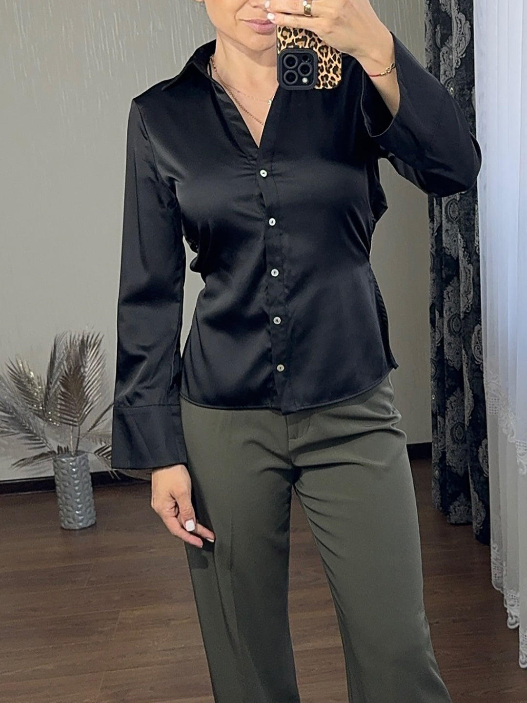 Black Satin Backless Lace-up Shirt