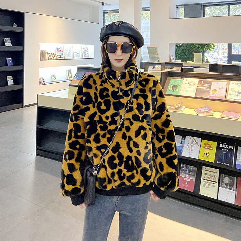 Leopard Print Faux Fur Stitching Women's Winter Sweater
