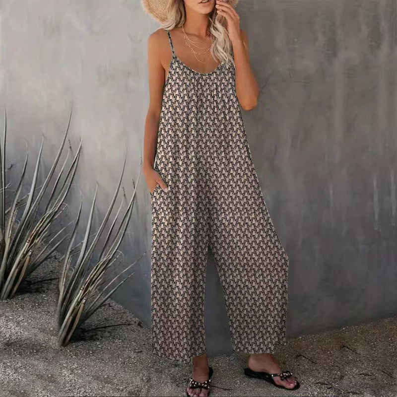 Womens Printed Strap Loose Wide-leg Jumpsuit