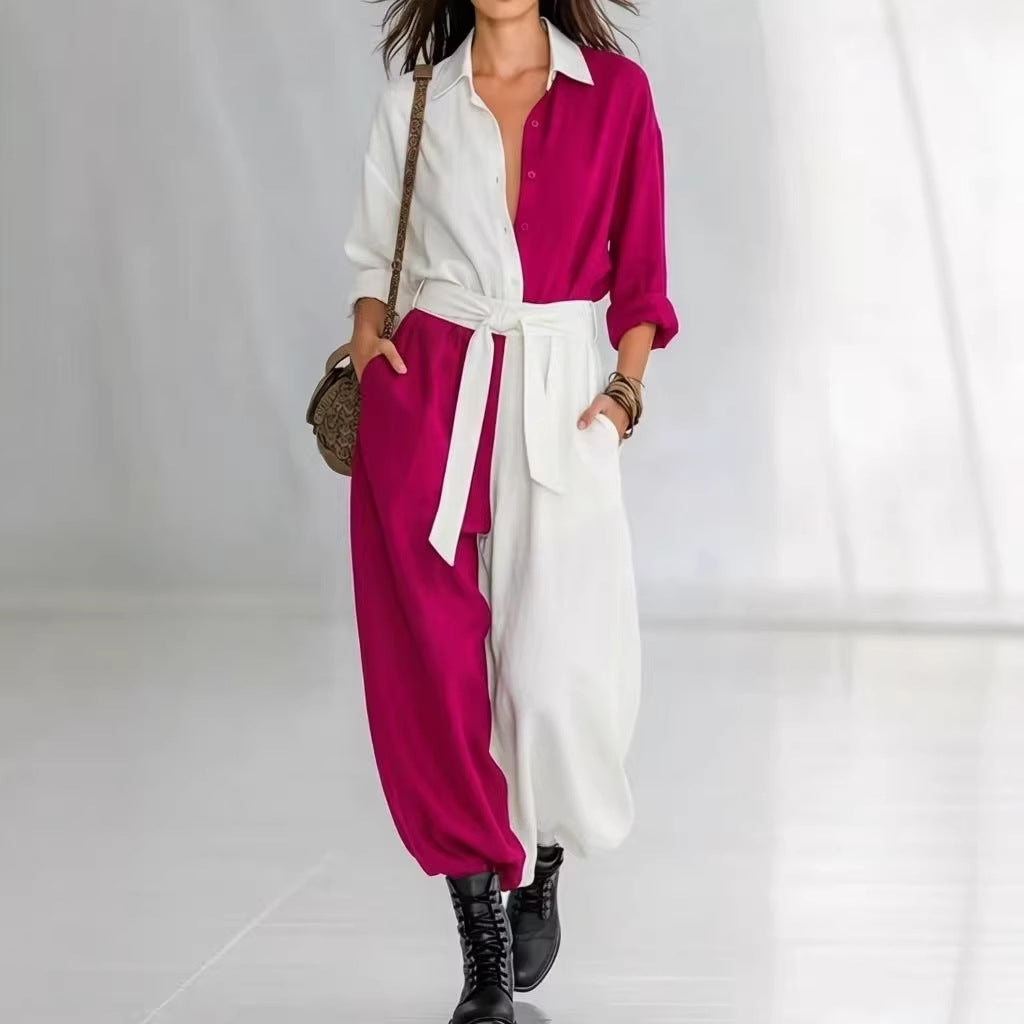 Spring Solid Colored Patchwork Long Sleeve Shirt Lace Up Jumpsuit