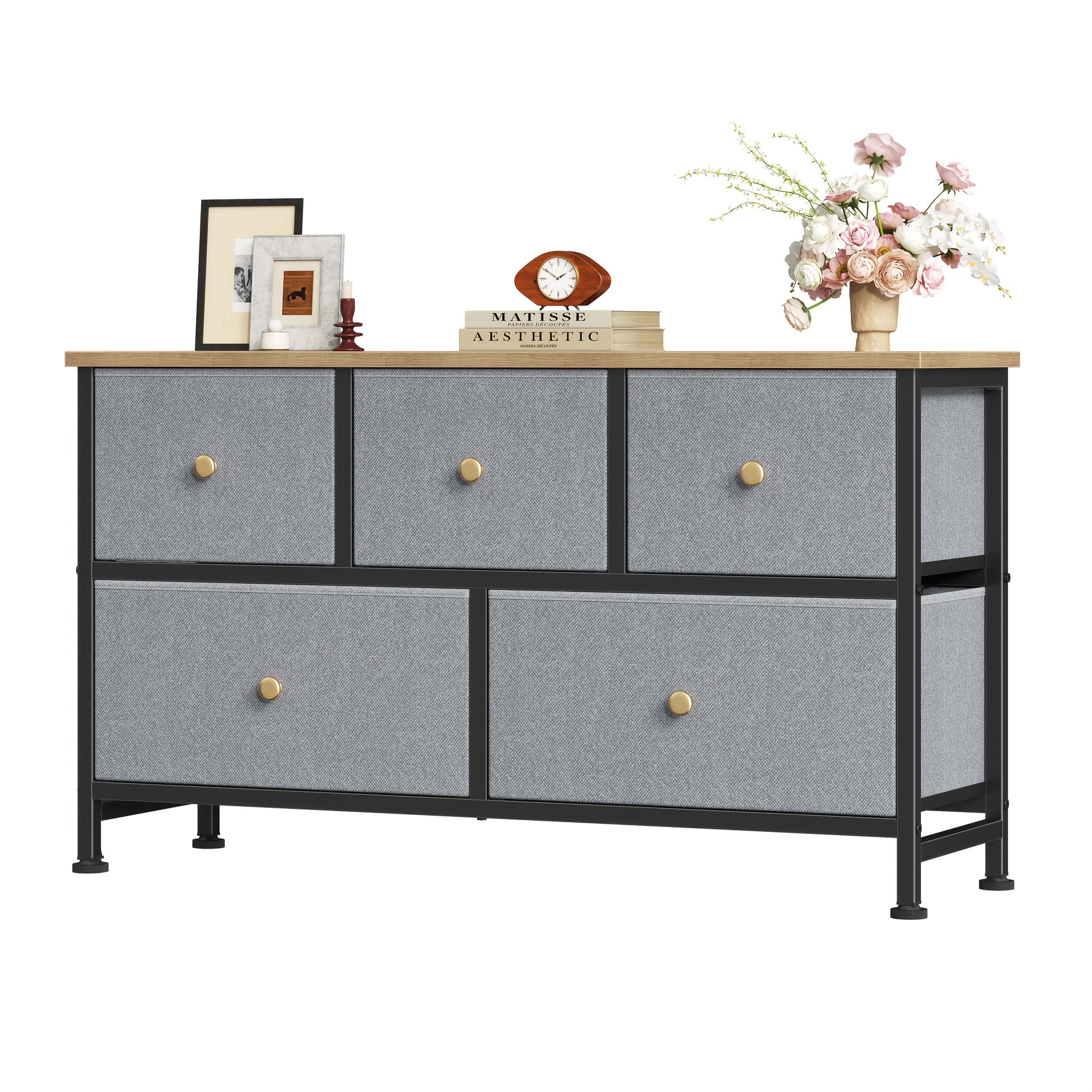 5-Drawer Wide Dresser with Fabric Bins, Freestanding Wood Chest – Khaki/Green