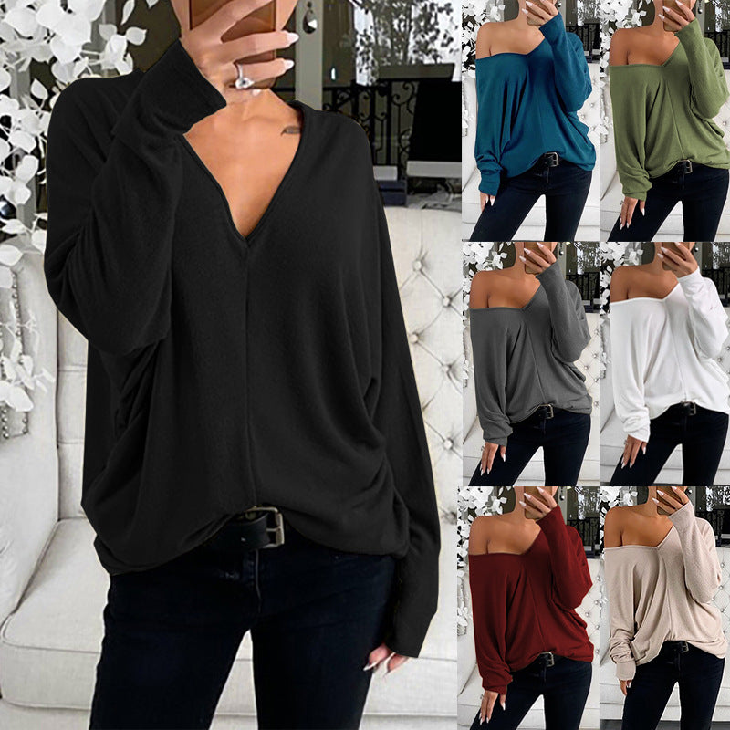 Women's Loose V-Neck Long-Sleeve Casual Pullover Tee