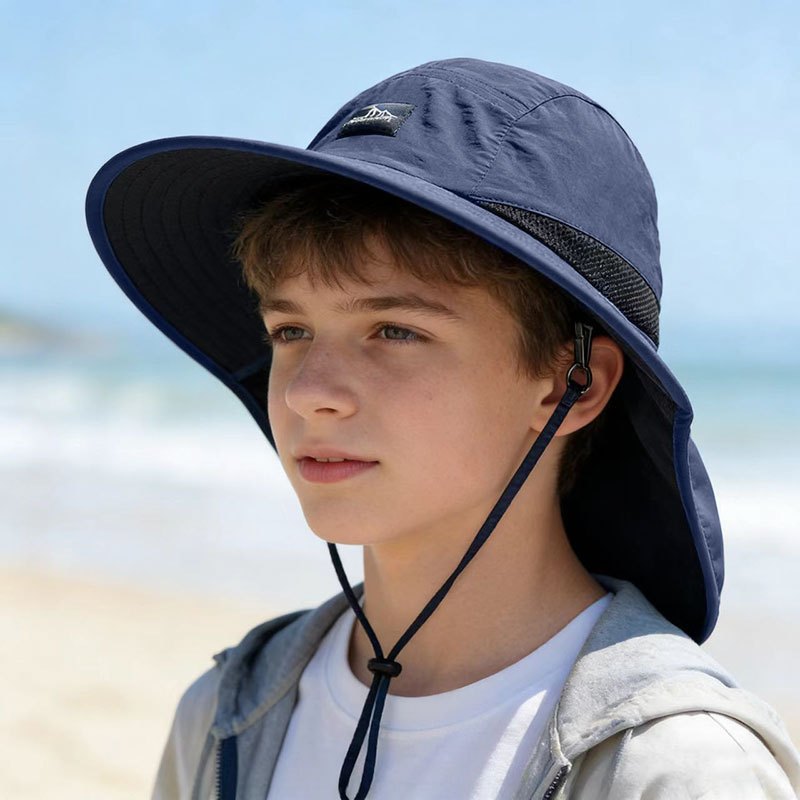 Youth Outdoor Sun Hat with Wide Brim, Drawstring, and Breathable Mesh – Multi‑Functional for Travel, Hiking and Beach