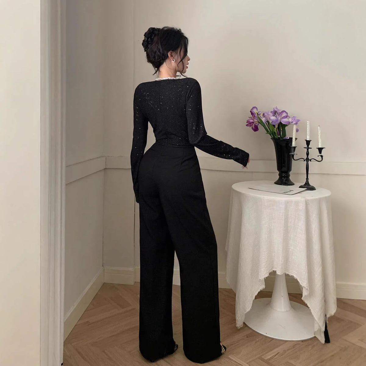 Elegant Long-Sleeve V-Neck Solid Jumpsuit