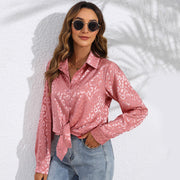Elegant Jacquard Faux‑Silk Long‑Sleeve Blouse – Loose Fit, Mid‑Length