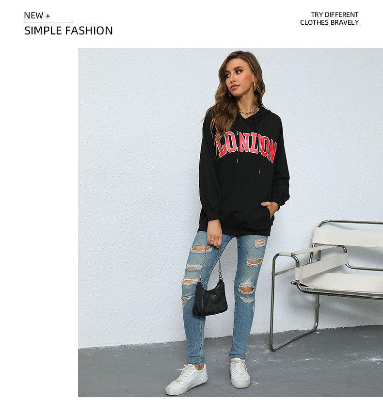 Women's Letter Print Casual Hooded Pullover Sweatshirt