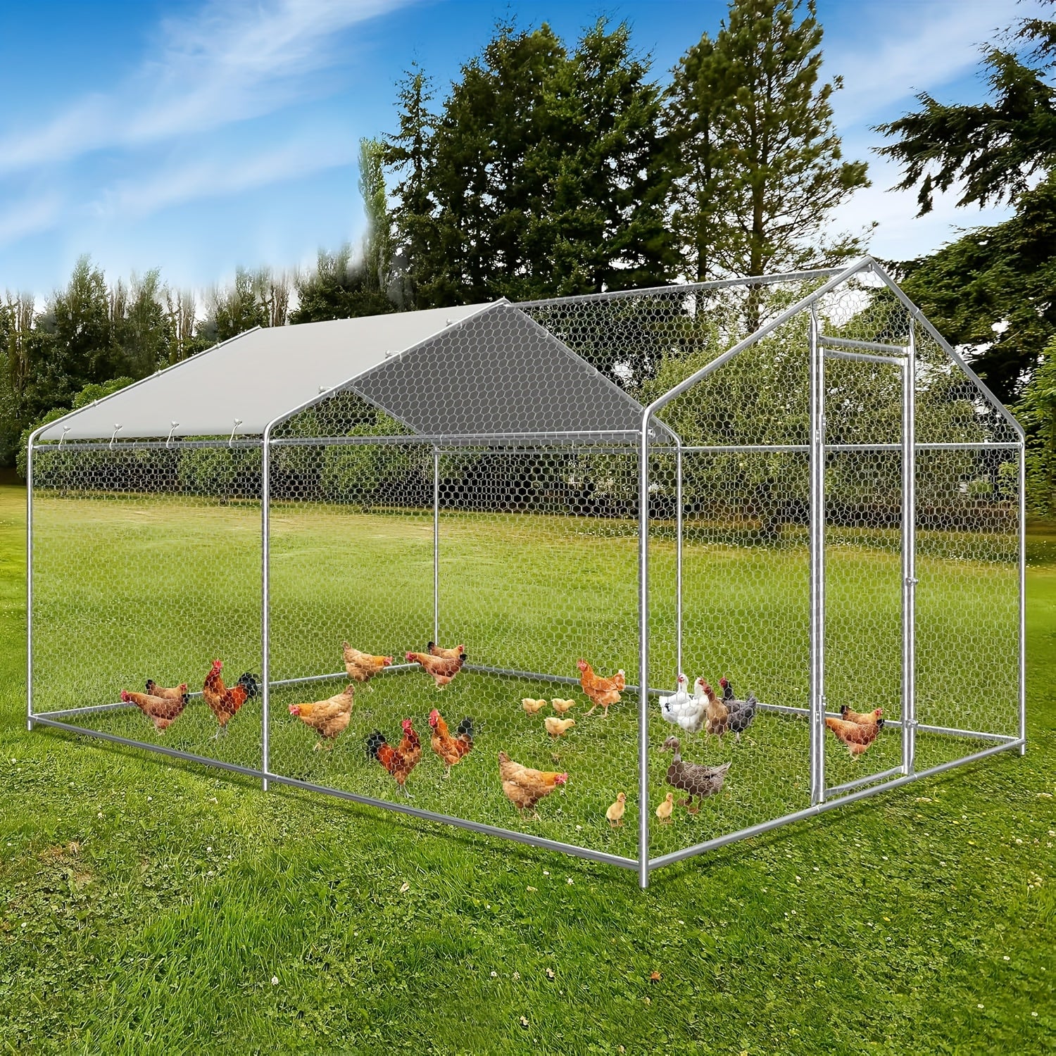 Large Metal Chicken Coop Run with Waterproof Cover and Security Lock