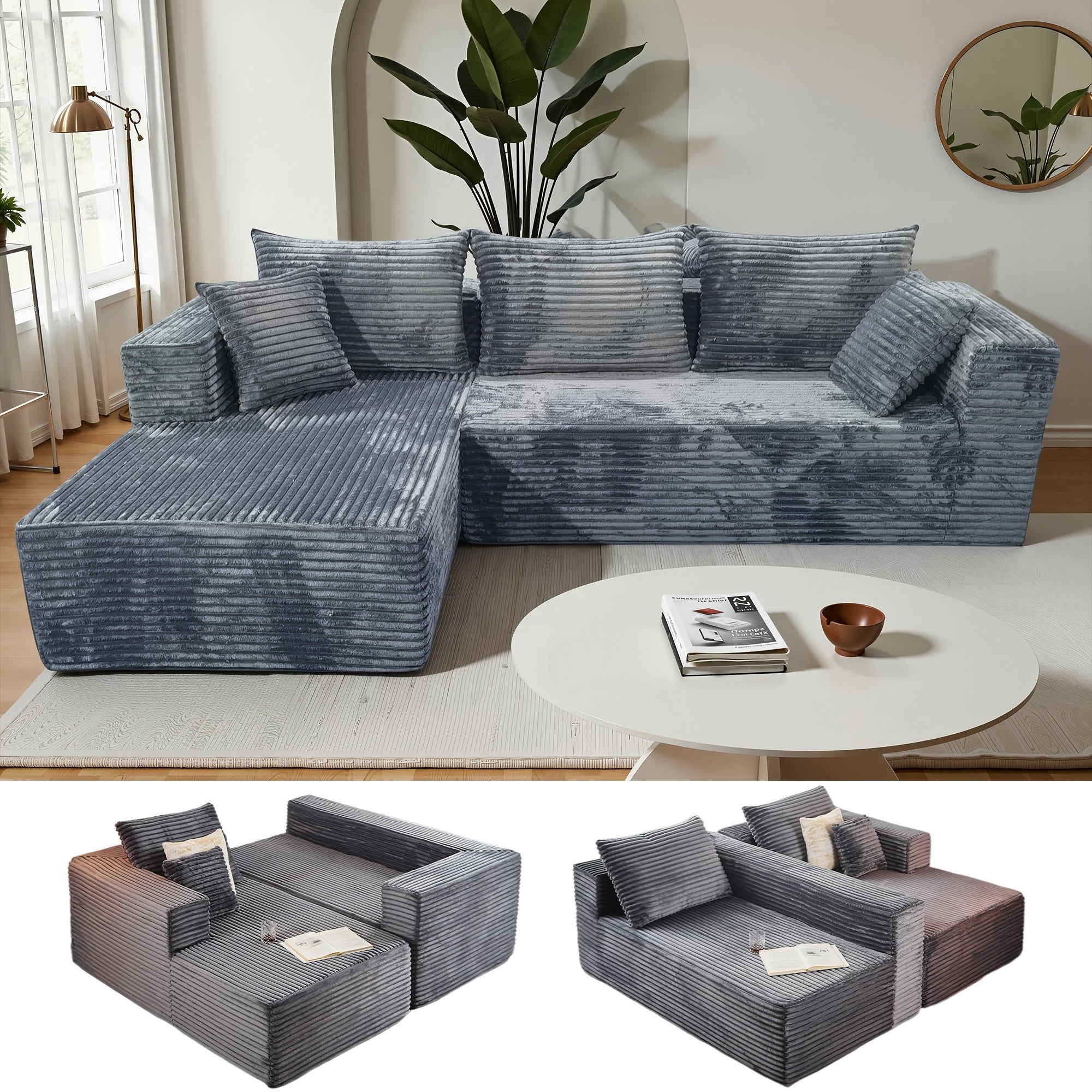 Modular L-shaped chaise longue sofa bed with deep seat and corduroy upholstery