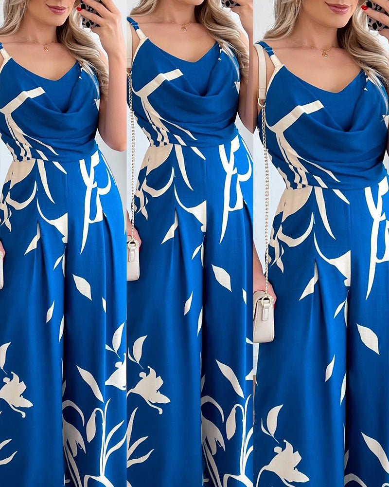 Chic Printed Wide-Leg Jumpsuit with Suspender Waist