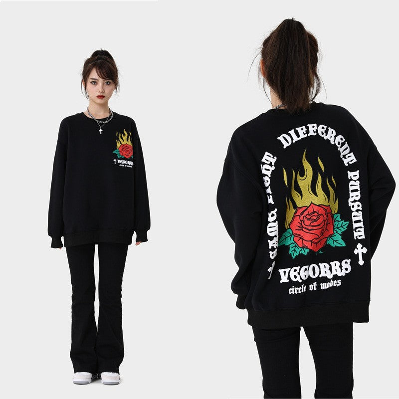 Plus Fleece Flame Rose Hoodie - Cozy Thermal Sweatshirt