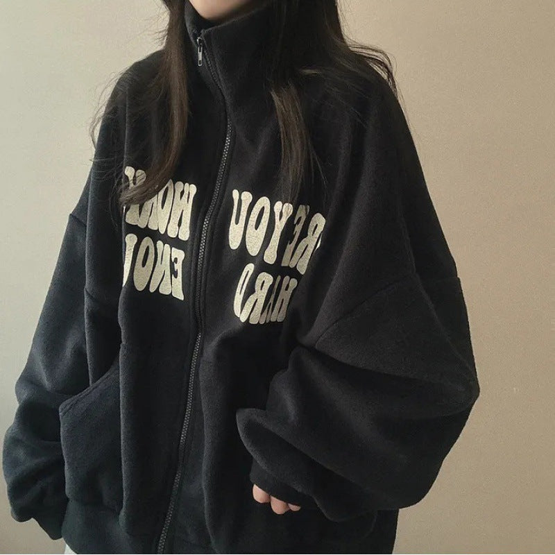 Women's Plus Velvet Alphabet Zip-Up Loose Cardigan Sweater