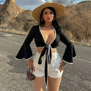 Flirty V‑Neck Lace‑Up Long Sleeve Crop Top for Chic Women