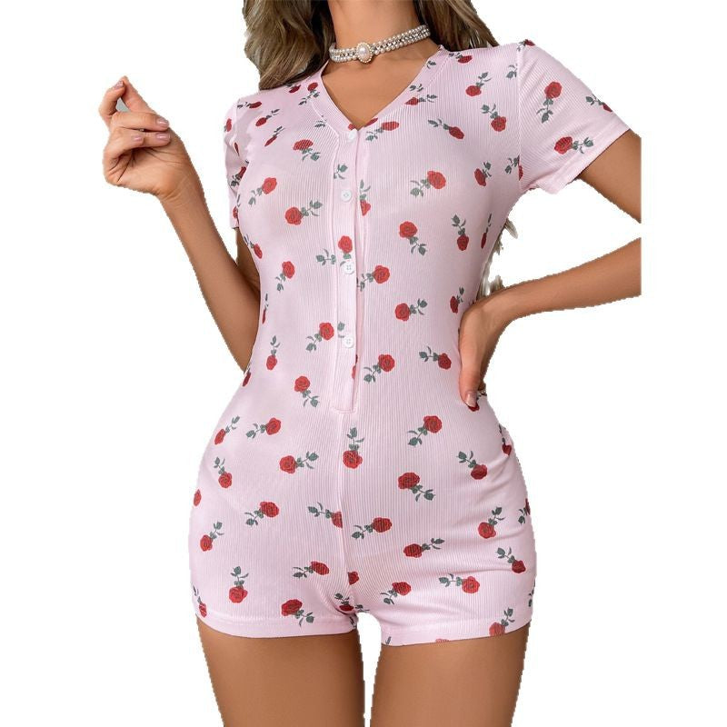 Chic Rose Print Slimming One-Piece Romper
