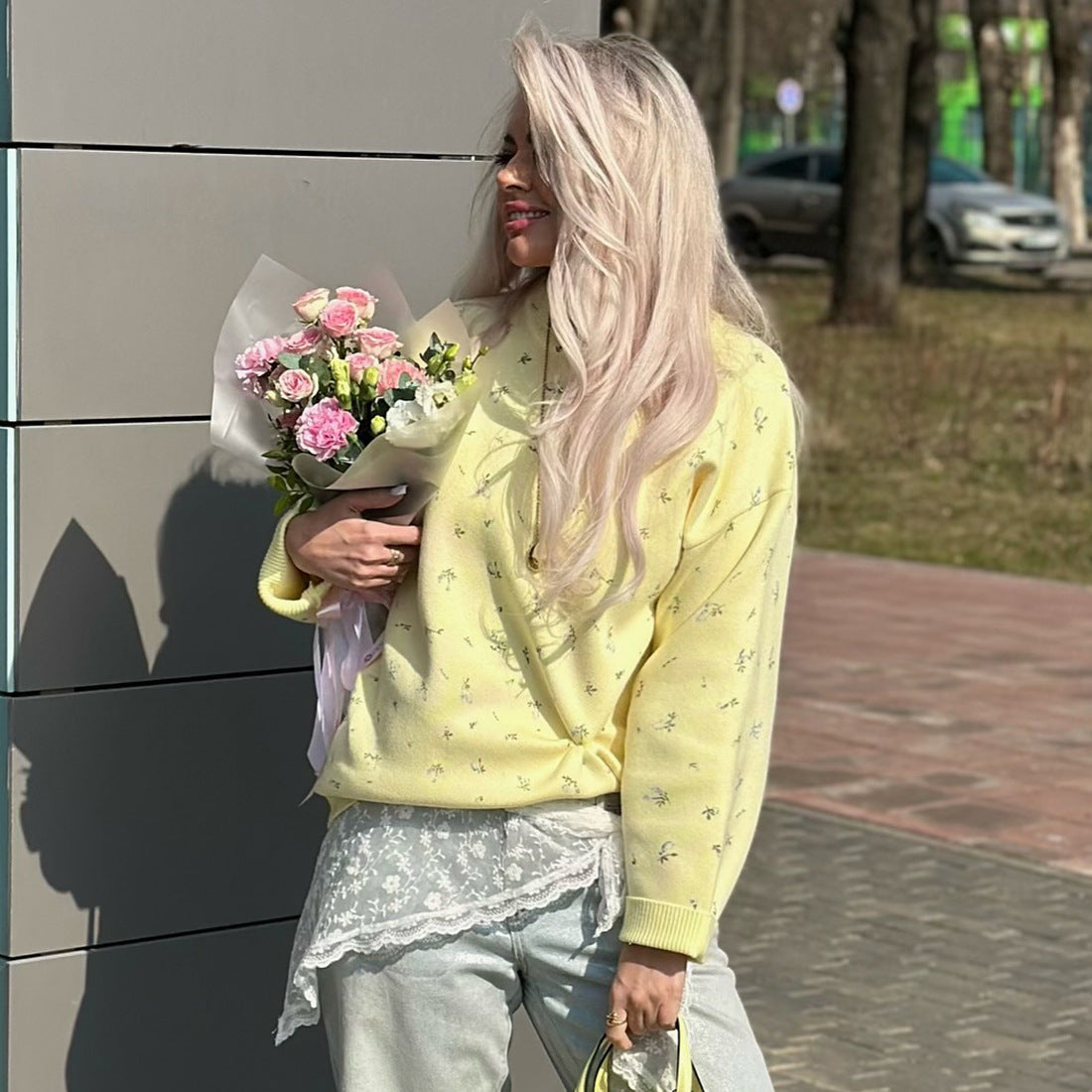 Womens European and American-style Chic Floral-print Crew-neck Pullover Sweater