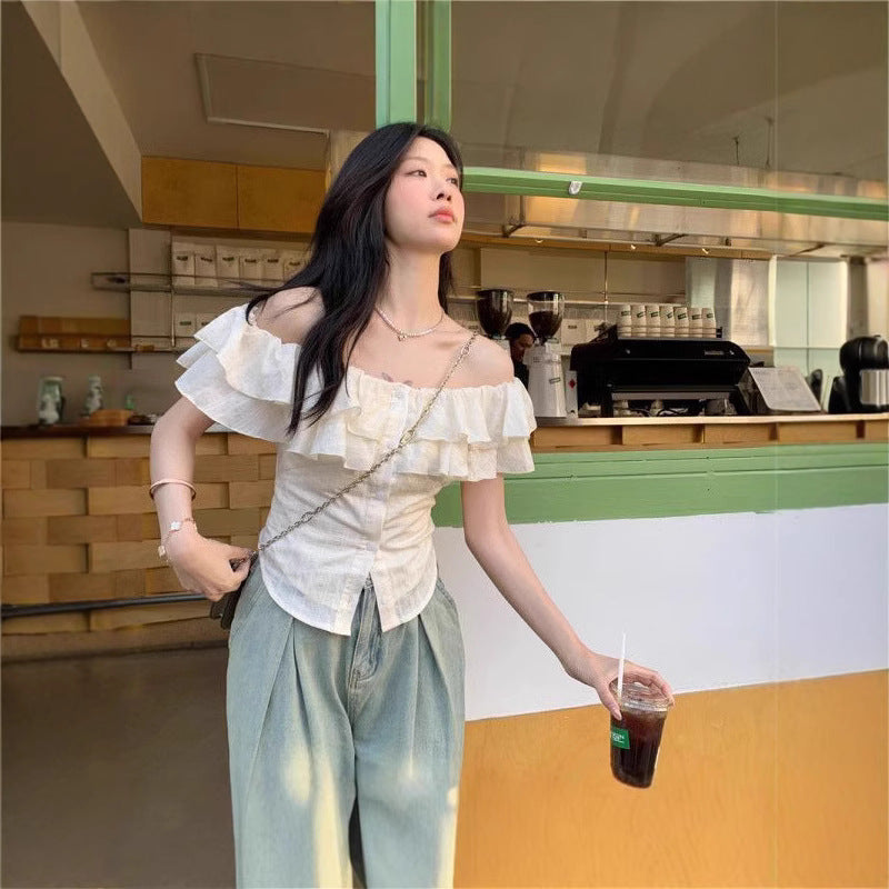 Apricot One-Shoulder Ruffled Short‑Sleeve Top – Elegant Flounce Detail
