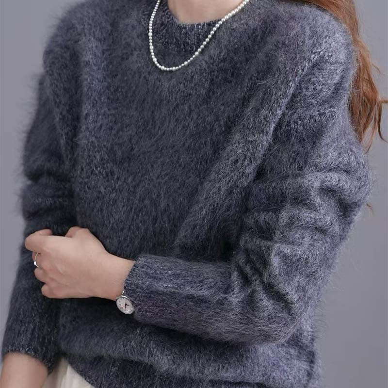 Round-neck Knitted Cashmere Wool Sweater Womens Loose-fitting Top