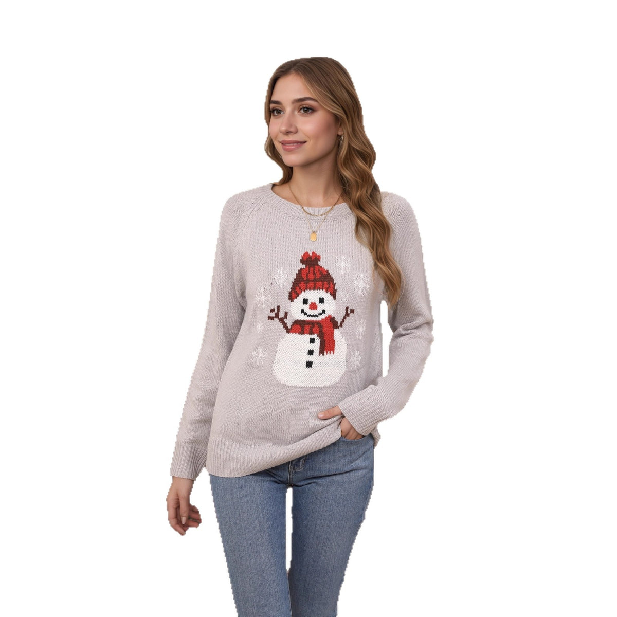 Cute Snowman Embroidered Pullover Sweater for Women