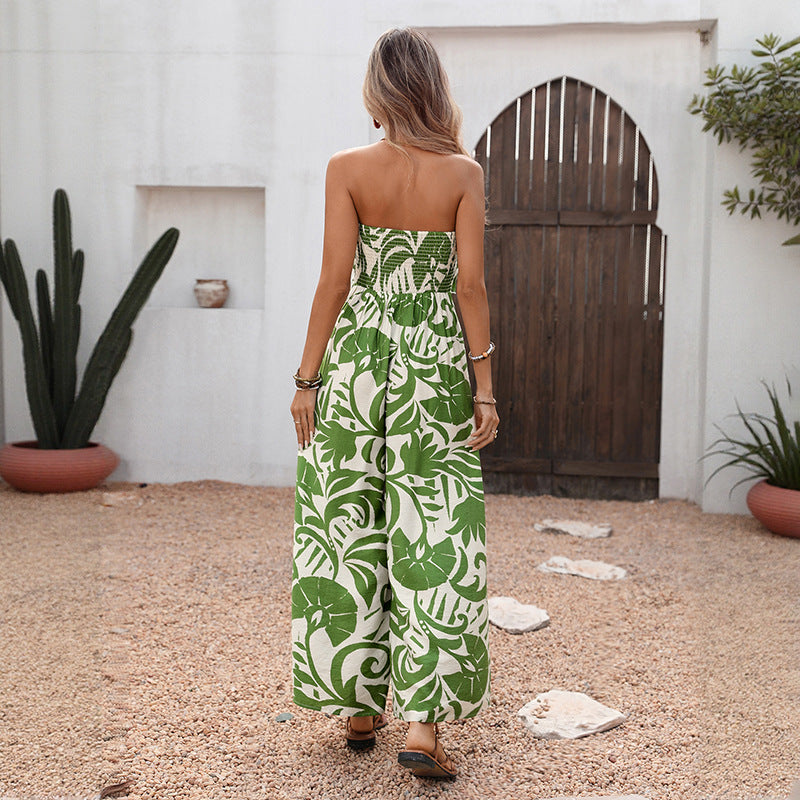 New Summer Resort-style Jumpsuit With A Fresh, Airy Vibe High-waisted Tube-top Design With A Green Leaf Print