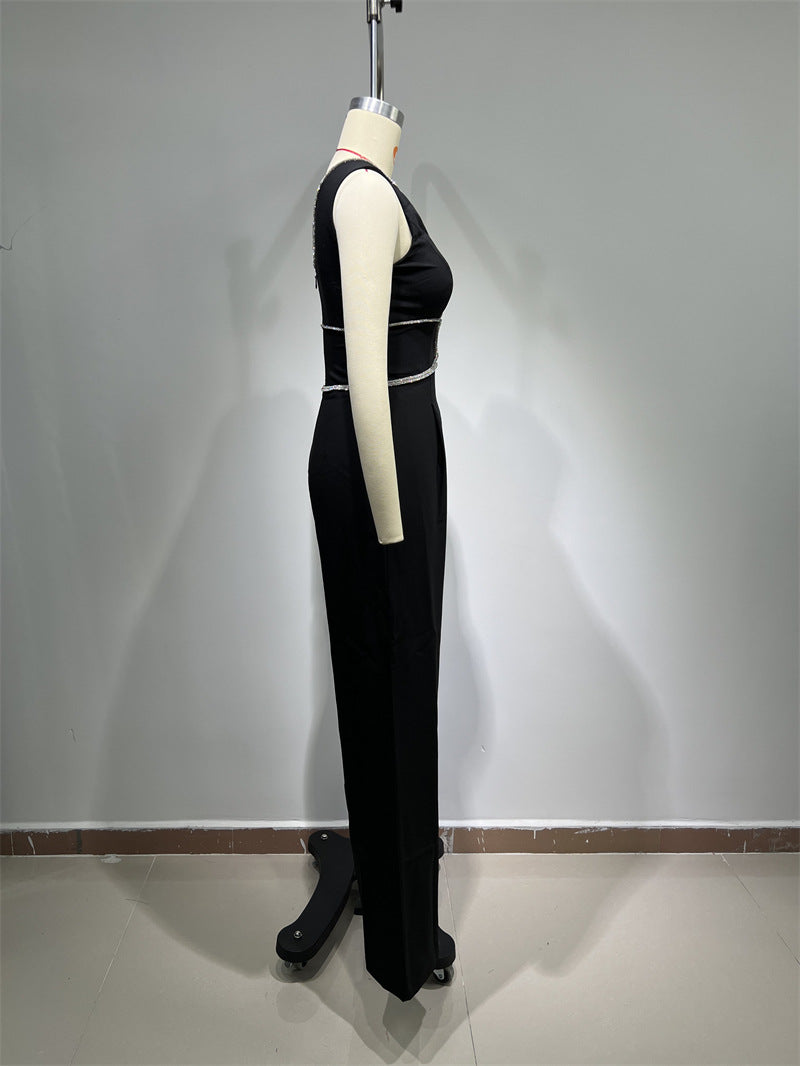 Rhinestone Edge-covered Sexy Low-cut Suit Jumpsuit