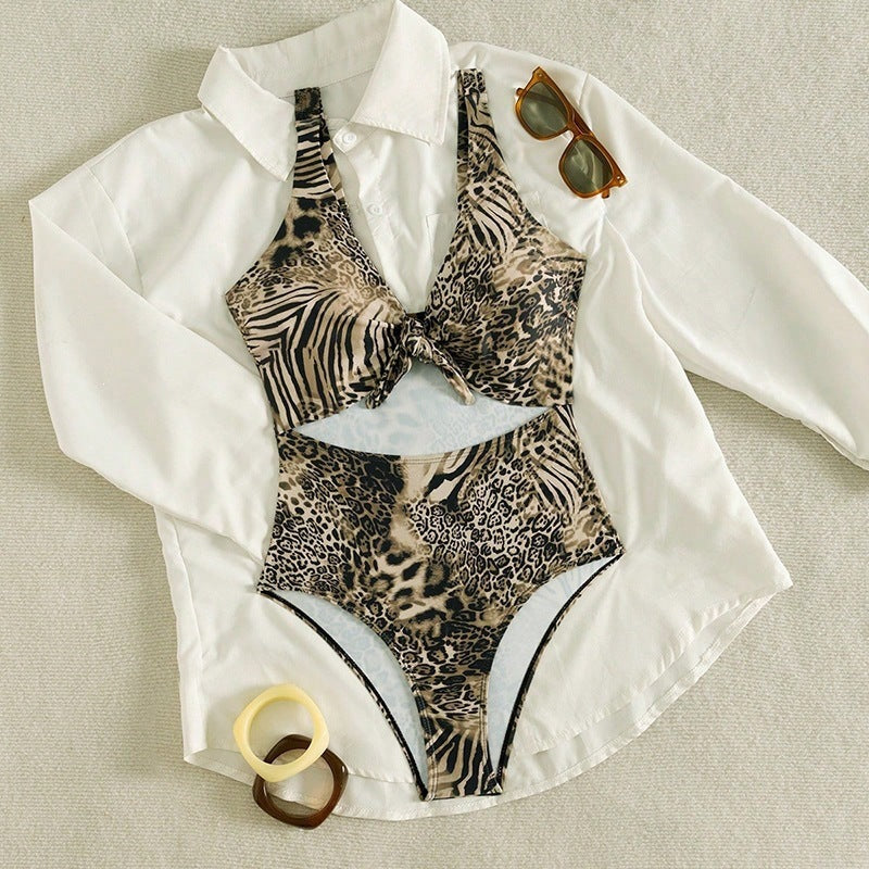 European And American Leopard-print Midriff-baring One-piece Swimsuit