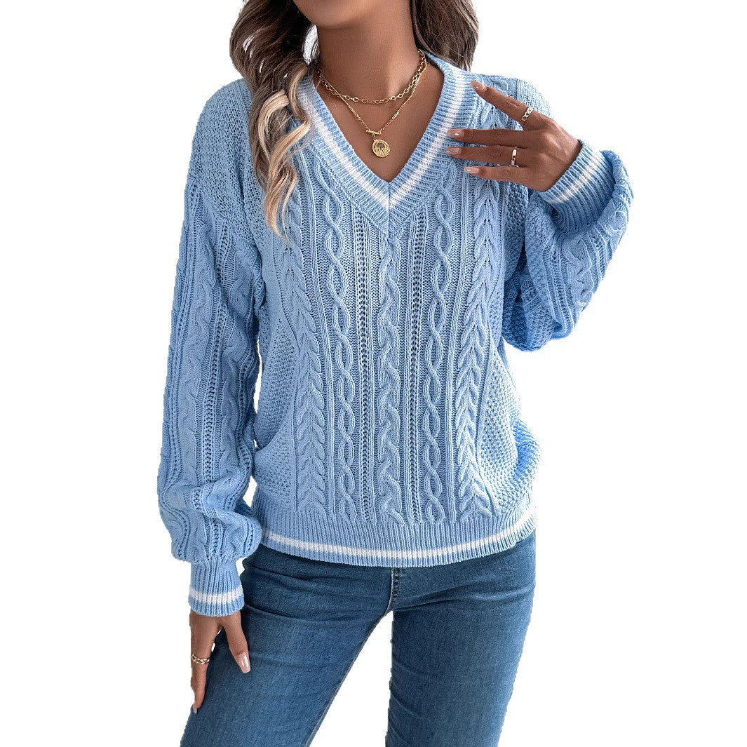 Color-block V Neck Twist Lantern Long Sleeve Sweater