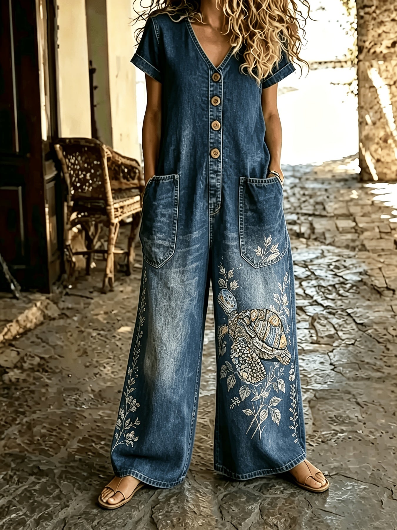 Casual Denim Wide-Leg Short Sleeve Jumpsuit with Pockets