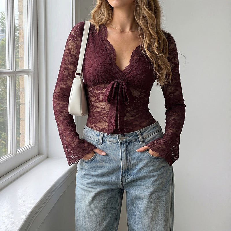 Early Autumn New Arrival Flared-Sleeve V-Neck Lace-Up Slim-Fit Jumpsuit For Women