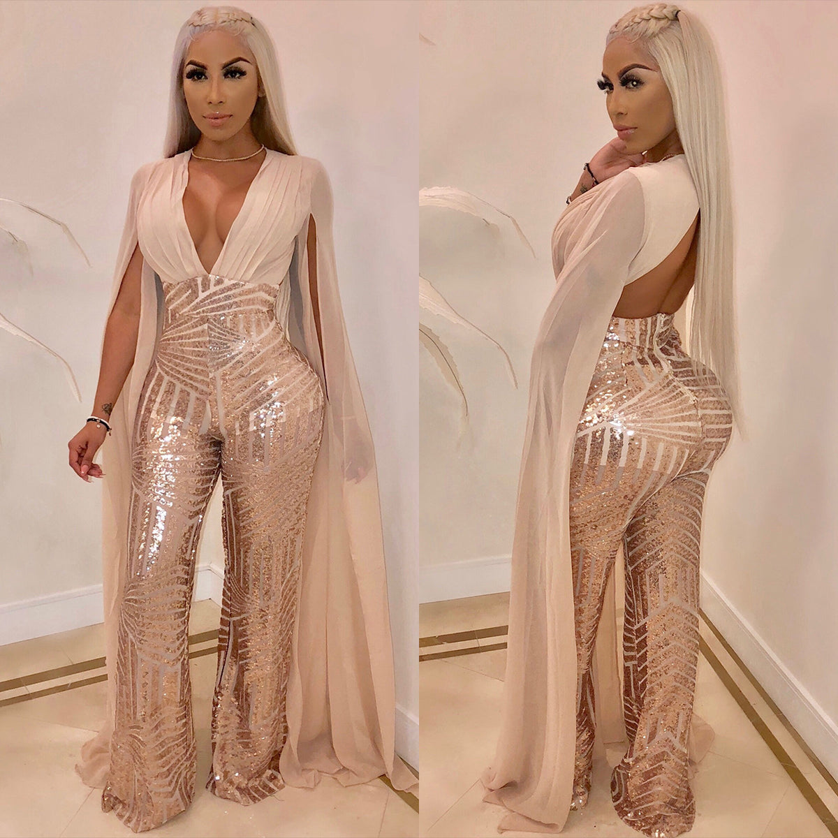 Sexy Sequined Evening Party Romper & Wide-Leg Pants Suit