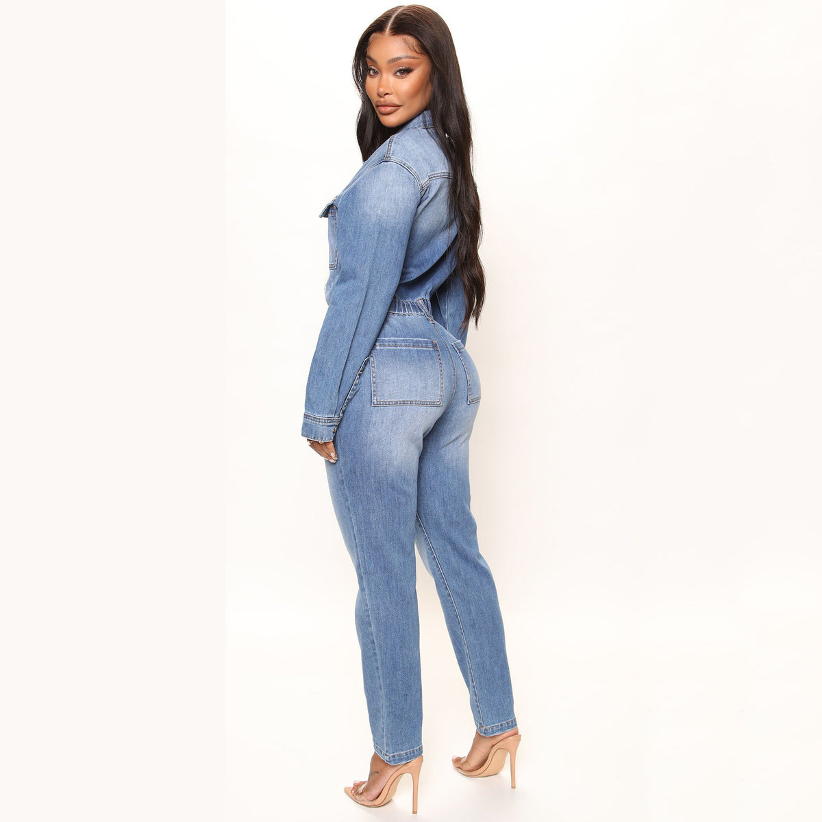 Washed Denim Long Sleeve Slim Waist Jumpsuit