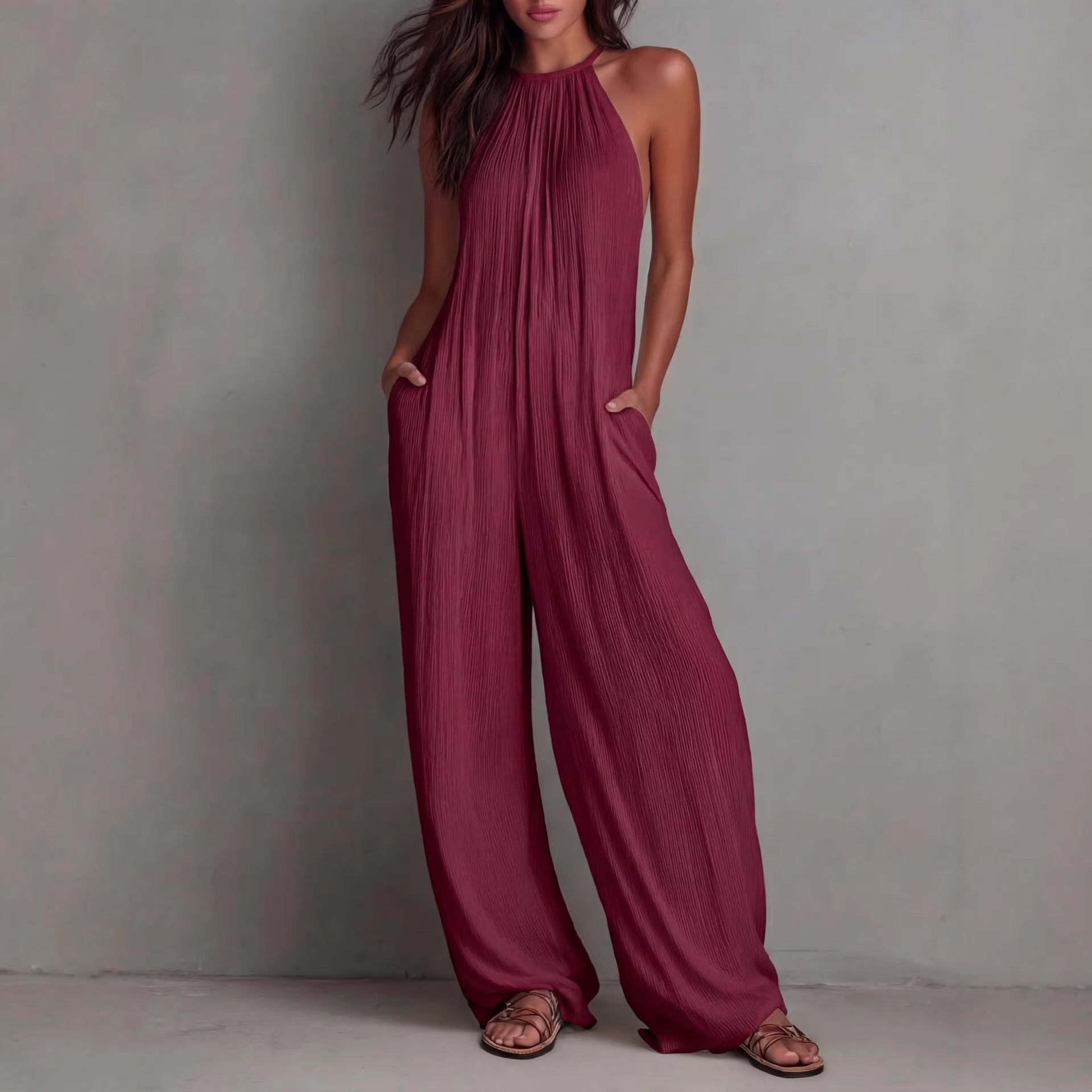 Chic Open-Back Pleated Wide-Leg Resort Jumpsuit