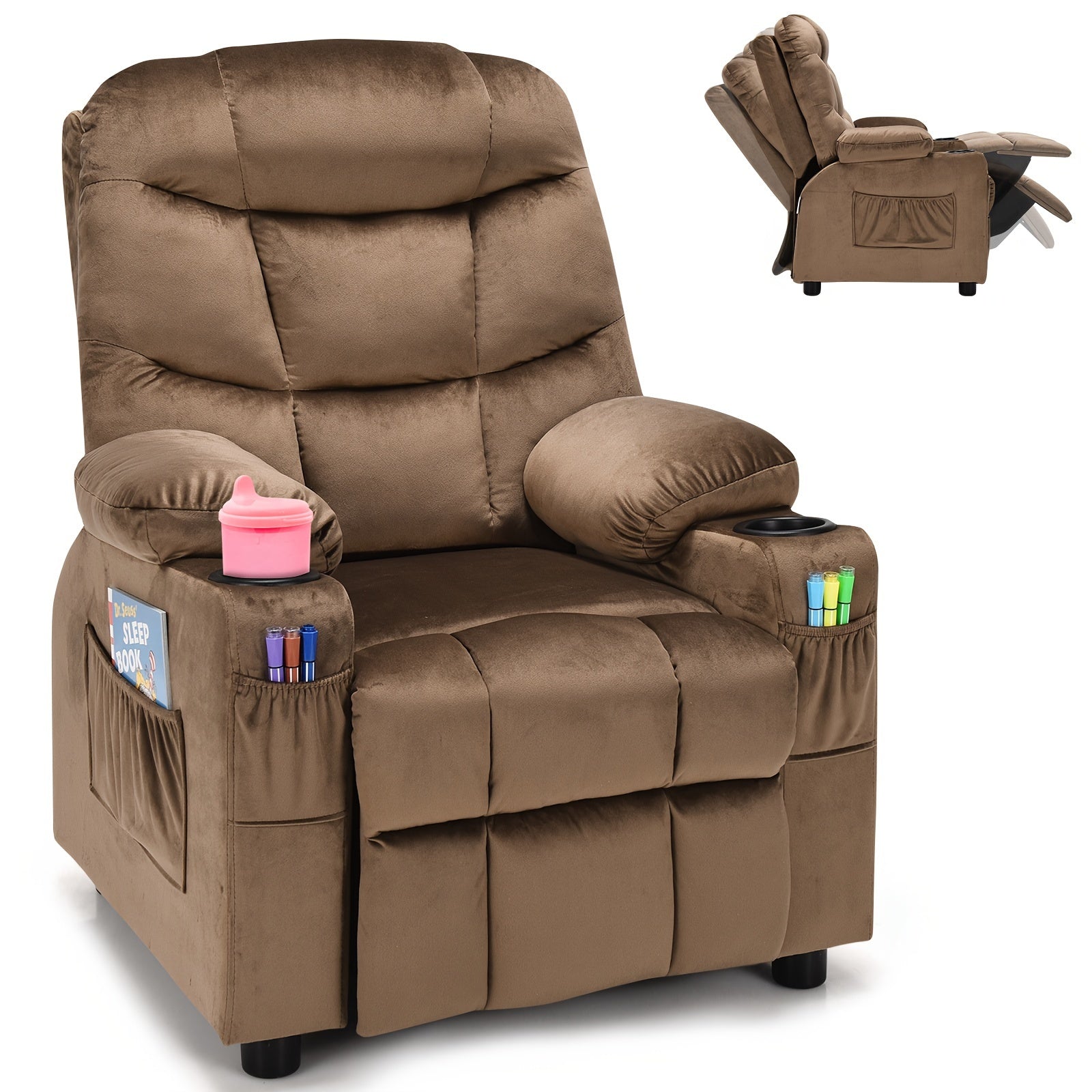 Pink Velvet Recliner Chair for Girls with Cup Holder and Storage Pocket, Heavy‑Duty 300 lb Capacity, Manual Recline, Safety Belt, Available in Multiple Colors