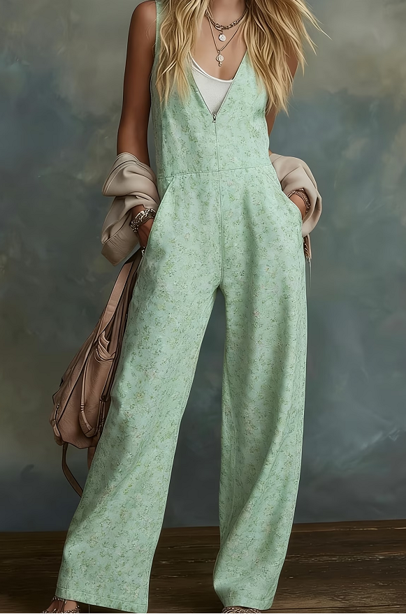 Women's American Retro Leopard Print V-Neck Zipper Wide-Leg Overalls Jumpsuit