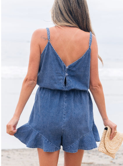 Blue V-Neck Ruffled Chambray Romper with Belt