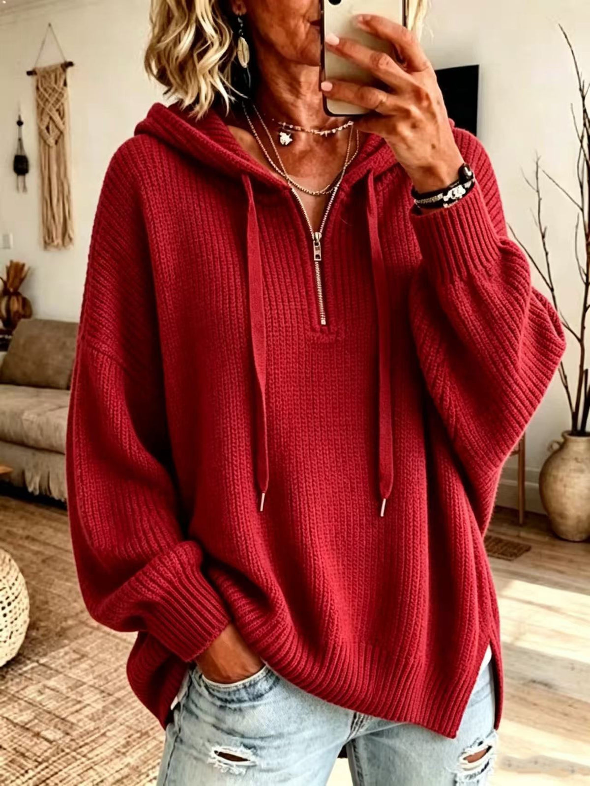 Retro Color-block Striped Half-zip Sweater with a Mock Neck