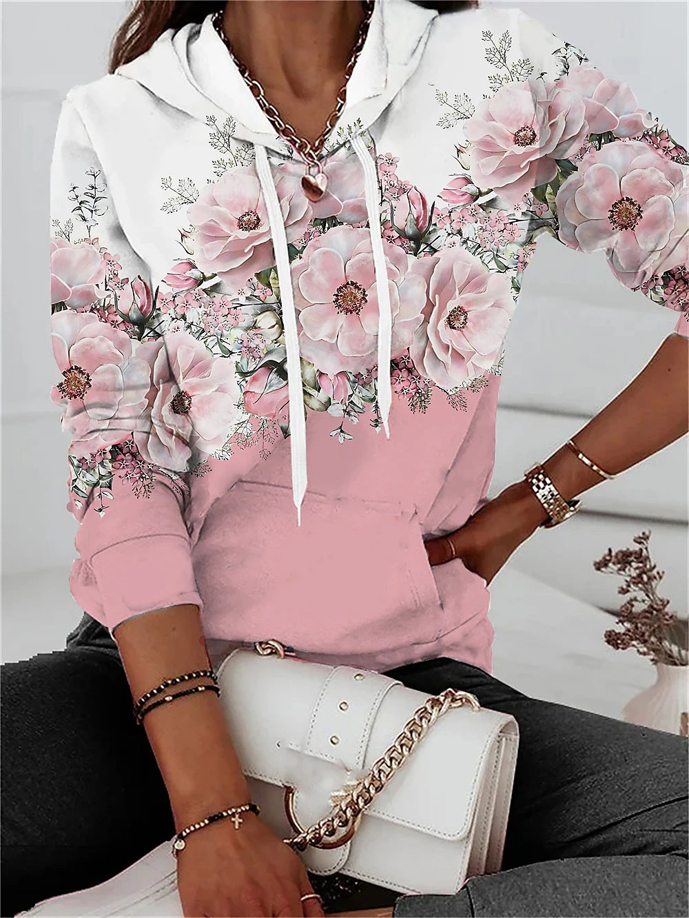Hooded Sweater Floral Print Leisure Pullover Long Sleeve