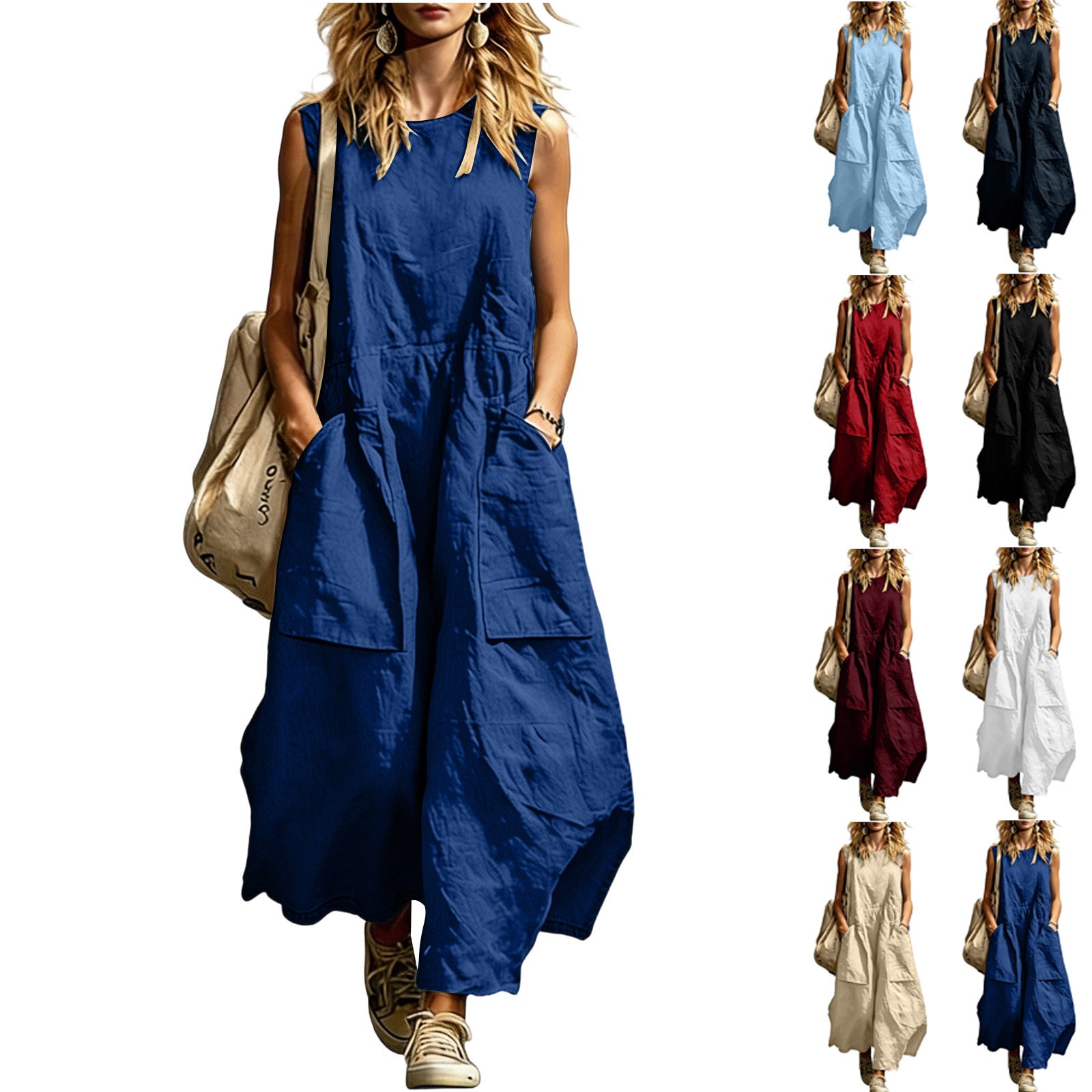 Washed-Crepe V-Neck Sleeveless Pocket Maxi Dress