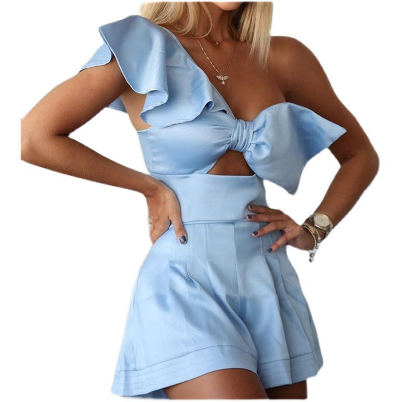One-Shoulder Bow Ruffled Romper Shorts