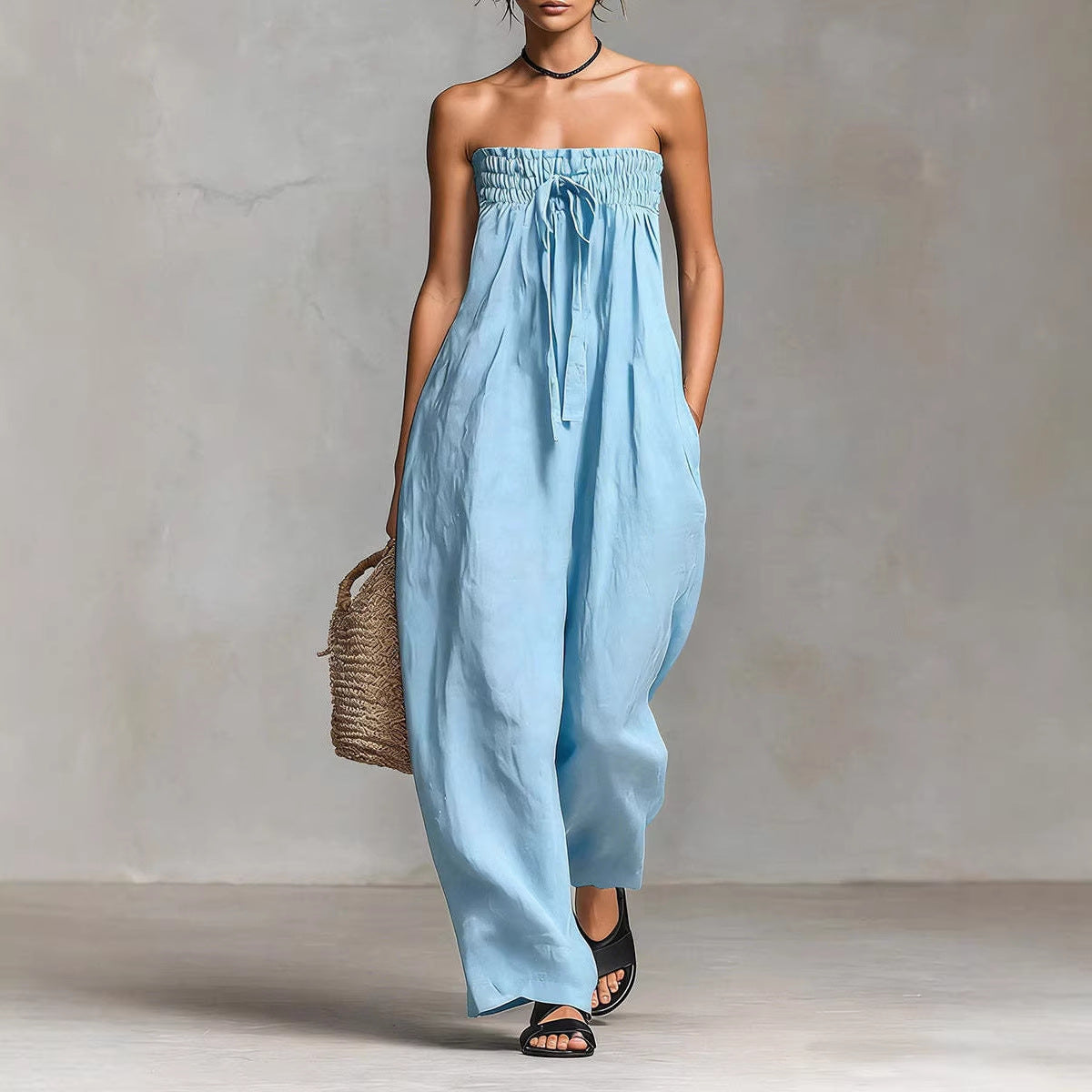 Women's Strapless Ruched Jumpsuit Summer Fashion Tie-up Loose Straight-leg Jumpsuit